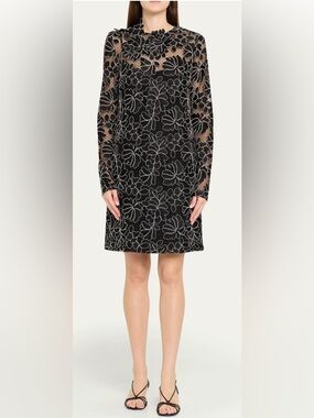 LELA ROSE Holly Floral Lace Long-Sleeve Mini Dress